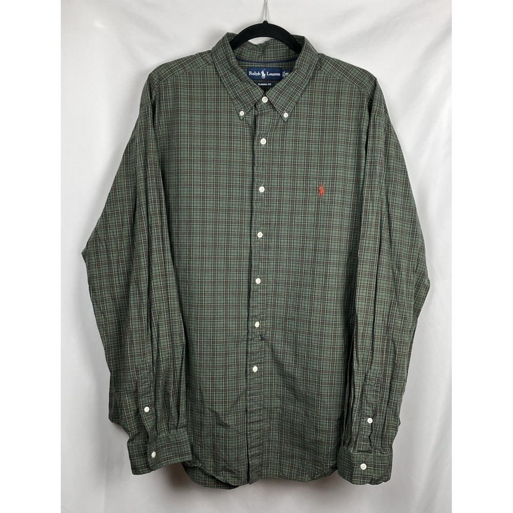 Vintage Ralph Lauren XXL Classic Fit Shirt Green Orange Plaid Hong Kong‎ 90s Y2K